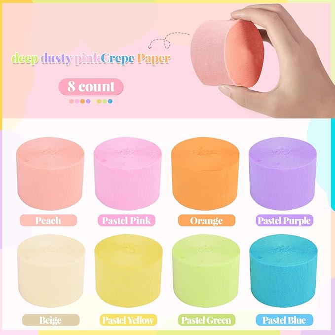 Crepe Paper Streamers, 8 Rolls Pastel Party Streamer for Spring Tea Party Decorations, Easter Wedding Bridal Baby Shower Decorations