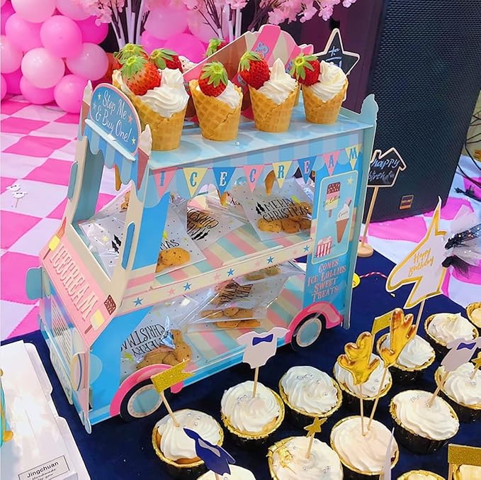 3 Tier Cupcake Stand Ice Cream Van Stand Cars Display Stand Bus Cupcake Cake Stand Truck Paper Cupcake Holder for Kids Birthday Party Decorations (Blue car)