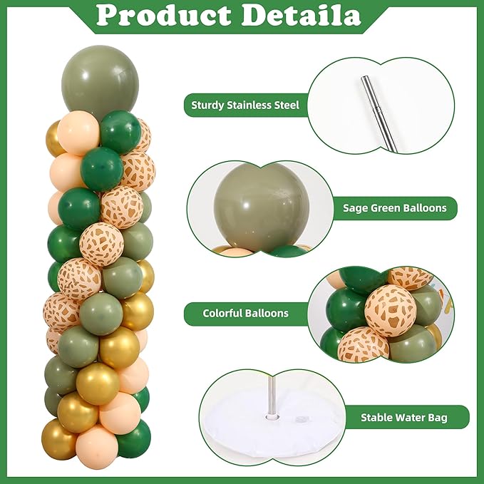 Green and Gold Balloon Column Stand Kit Set of 2, Safari Jungle Baby Shower Wild One Birthday Decorations with 145PCS Sage Green and Gold Animial Print Balloons for Woodland Animial Party Decorations