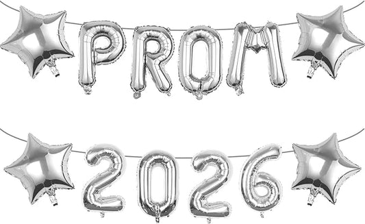 Prom 2026 Balloons Decorations, 16 Inch Foil Letter Number Balloons with 18 Inch Silver Star Balloons for High School College Graduation Gift Retirement Ins Photo Party Supplies
