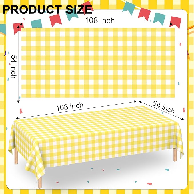 WNINK 6 Pack Light Yellow Gingham Rectangular Plastic Tablecloths, Yellow and White Checkered Disposable Table Covers 54" x 108" for Birthday, Wedding, Bridal Shower, Outdoor Picnic Camping Parties