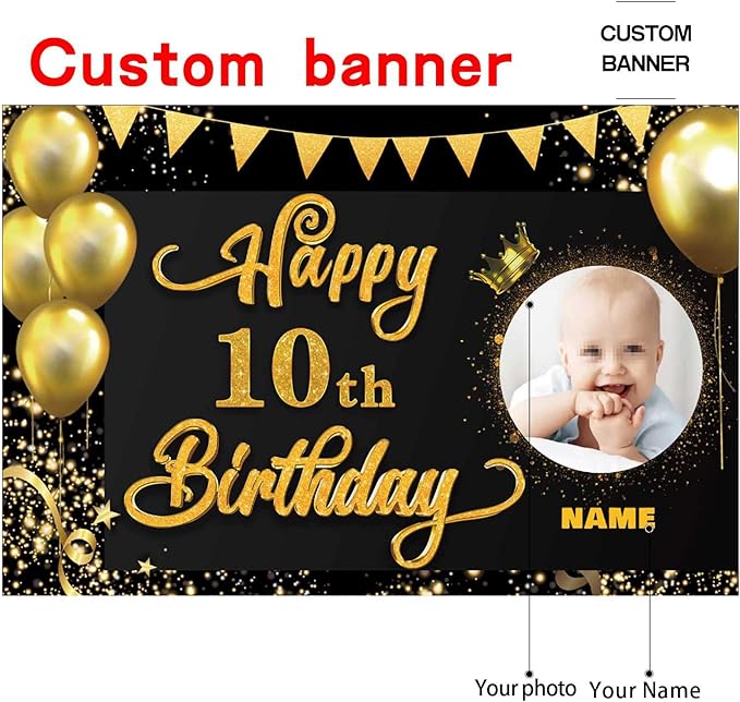 Custom Happy 10th Birthday Decorations Banner -10 Years Old Birthday Decorations Backdrop for Women Men Boys Girls - Personalization Happy 10th Birthday Party Decorations Supplies - Black and Gold