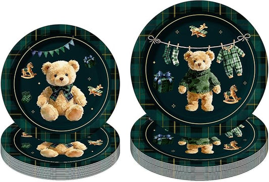 60 Pcs Green Blue Tartan Teddy Bear Baby Shower Decorations, 7&9 Inch Vintage Plaid Disposable Paper Plates for We Can Bearly Wait Preppy Bear Theme Baby Shower Gender Reveal Birthday Party Supplie