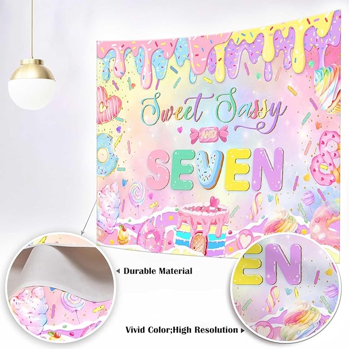Mocsicka Donut 7th Birthday Banner Backdrop Sweet Sassy and Seven Birthday Party Decorations Banner for Girls Seven Birthday Party Banner for Phogography (Pink, 10x7ft(120"x82"))