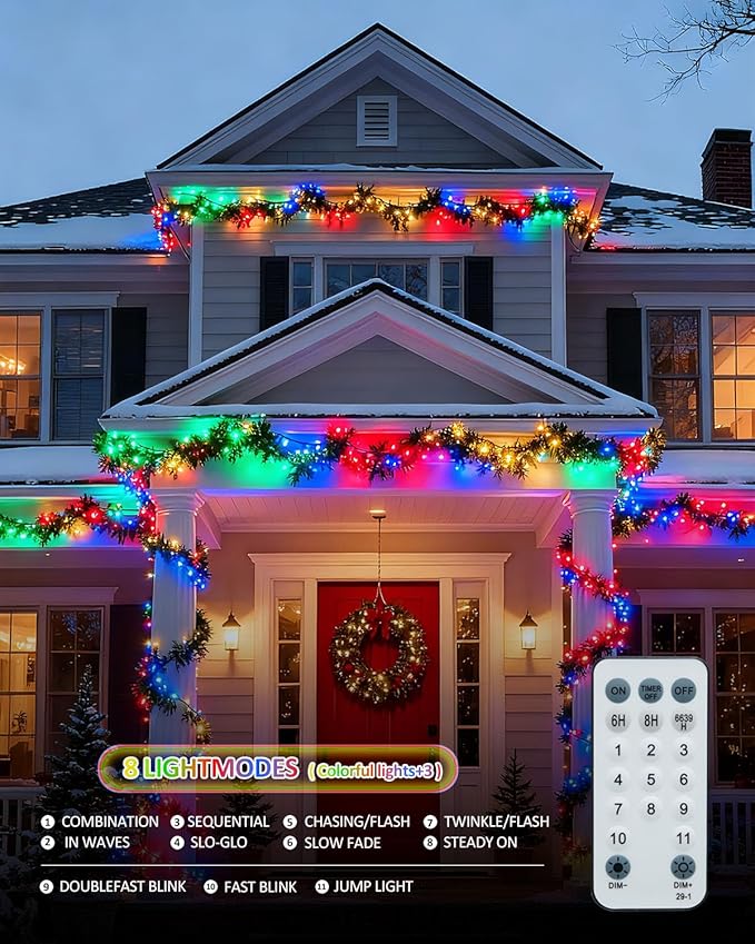 Outdoor String Lights, 328FT 1000 LED Fairy Lights, IP65 Waterproof Outside with Remote, 8 Lighting Modes Dimmable Timer Hanging LED Lamp for Camping Garden Patio Christmas Decor Yard Fence Tree
