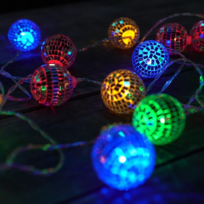 20 LED 2" Disco Balls String Lights 10.5ft, Memory Timer, Battery Operated Portable Decorative Novelty Christmas Holiday Hanging Fairy Light Garland Indoor/Outdoor, Silver Mirror/Colorful