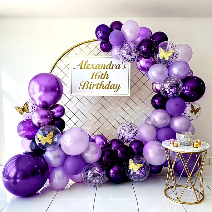 Bezente Purple Latex Balloons Kit, 60pcs 12 inch Dark Purple Metallic Chrome Confetti Lavender Lilac Balloons for Women Birthday Wedding Baby Bridal Shower Halloween Themed Party Decorations