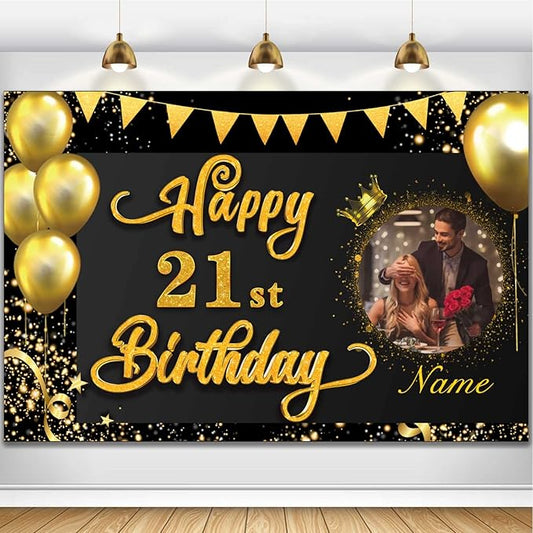Custom Happy 21st Birthday Decorations Banner - 21 Years Old Birthday Decorations Backdrop for Women, Men, Boys & Girls - Personalized Happy Birthday Party Decorations Supplies - Black & Gold