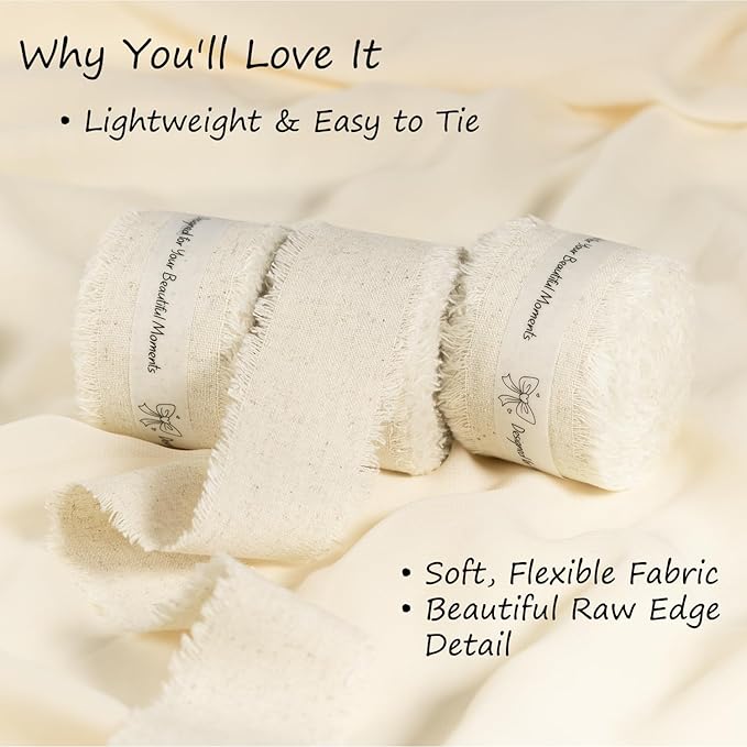 Linen Cotton Ribbon 1-1/2 Inch Linen 3 Rolls 21 Yards Frayed Edge Fabric Set for Rustic Wedding Decor, Bridal Bouquet Wrap, Farmhouse Decor, Table Setting & Gift Wrapping