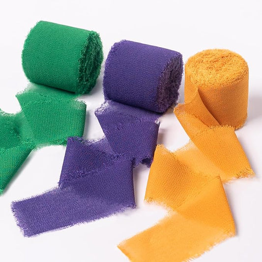 Chiffon Ribbon, Mardi Gras Party Decorations, 1.5''x21Yd Purple Green Yellow Frayed Fringe Silk Ribbon for Gift Wrapping, Floral Vase Decoration, Birthday, Engagement, Bridal Shower, 3 Rolls