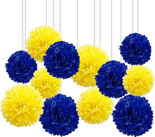 XIKSXITN 12 pc Blue Yellow Tissue Paper Pom poms-Hanging Paper Pom Poms Paper Flowers Ball for Party Decorative(8&10&12 inch)
