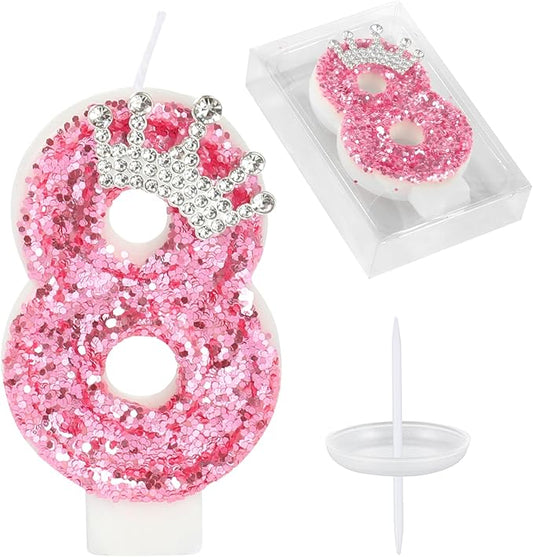 Birthday Number Candles,Pink Crown Birthday Candles for Cake,Glitter Number 8 Candle Cake Topper with Sequins for Girls,Women, Anniversary Celebrations Supplies (Pink 8)