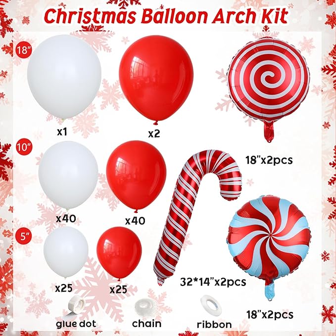 142 Pcs Christmas Balloon Garland Arch Kit with Xmas Red and white Candy Cane foil Balloons, Red White Candy Balloons for Christmas Party Decorations Birthday Supplies