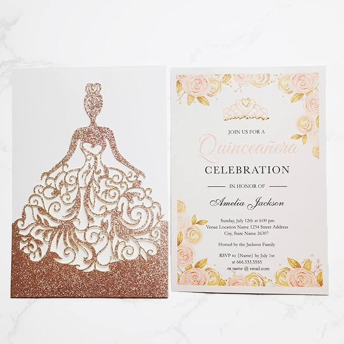 5 x7.3 Inch 20PCS Blank Quinceanera Invitations Kit Laser Cut Hollow Girl Princess Pocket with Envelopes Crown Invitations Cards for Quinceañera Birthday Party Invite (Rose Gold Glitter)