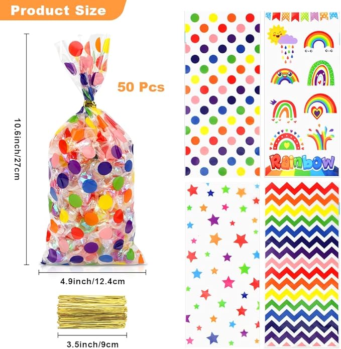 Rainbow Cellophane Treat Bags, 50 PCS Colorful Plastic Gift Bags, Star Polka Dot Stripes Printed Candy Cookies Goodie Snack Bag with Twist Ties for Valentine's Day Kids Birthday Party Favor Supplies