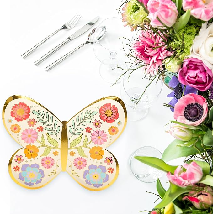 FYSUIMU 24 Pcs Floral Butterfly Paper Plates Gold Foil Flower Disposable Plates Butterfly Shape Party Tableware for Spring Wedding Birthday Table Decor Supplies