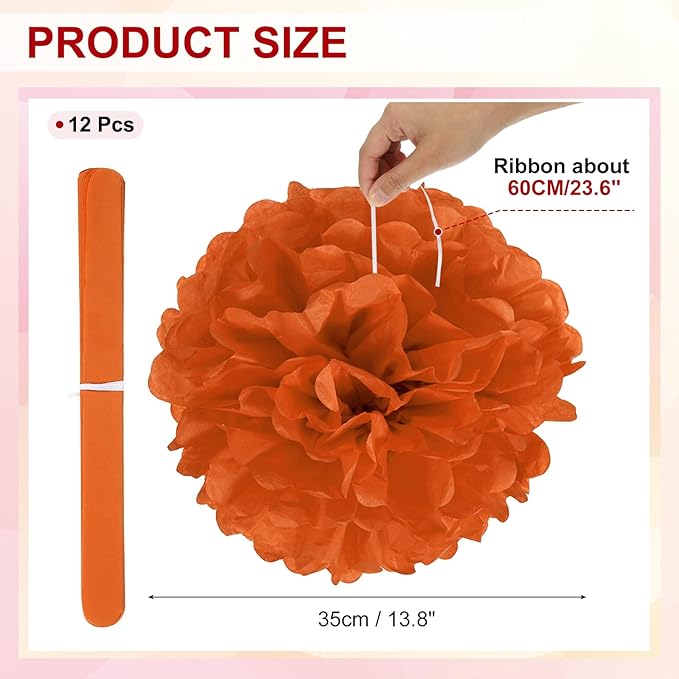 PATIKIL 14inch Tissue Paper Pom Poms, 12PCS Pom Poms Paper Flowers Ball Tissue Paper Flowers for Wedding Bridal Shower Birthday Bachelorette Party Backdrop Decoration, Orange Red