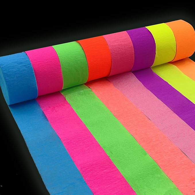 1760feet Blacklight Party Streamer Decorations 16 Rolls Glow Crepe Paper UV Reactive Fluorescent Neon Paper Streamers Glow Party Supplies and Decorations for Wedding, Birthday, Neon Fiesta Party
