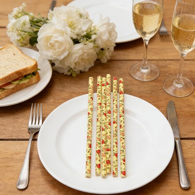 100 pcs Yellow With Red Rose Flower Paper Straws, Wild Floral Juice Beverage Party Drinking Straws, Vintage Retro Garden Tea Wedding Spring Summer Valentine Decor Cake Pop Sticks (Flower H003)