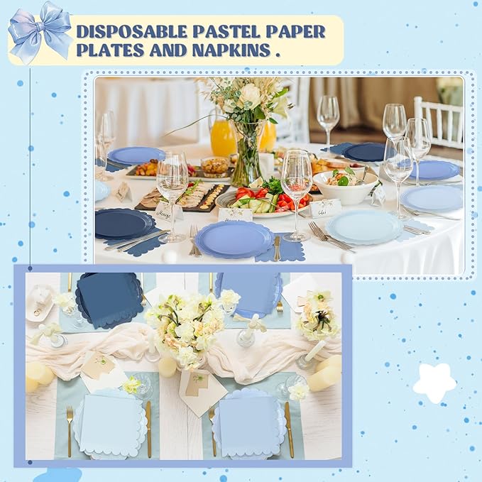 120 Pcs Paper Plates and Napkins Party Supplies Bulk Disposable 7 Inch Scalloped Plates Cocktail Napkins for Wedding Bridal Baby Shower Birthday Decorations, Serve 60(Dusty Blue)