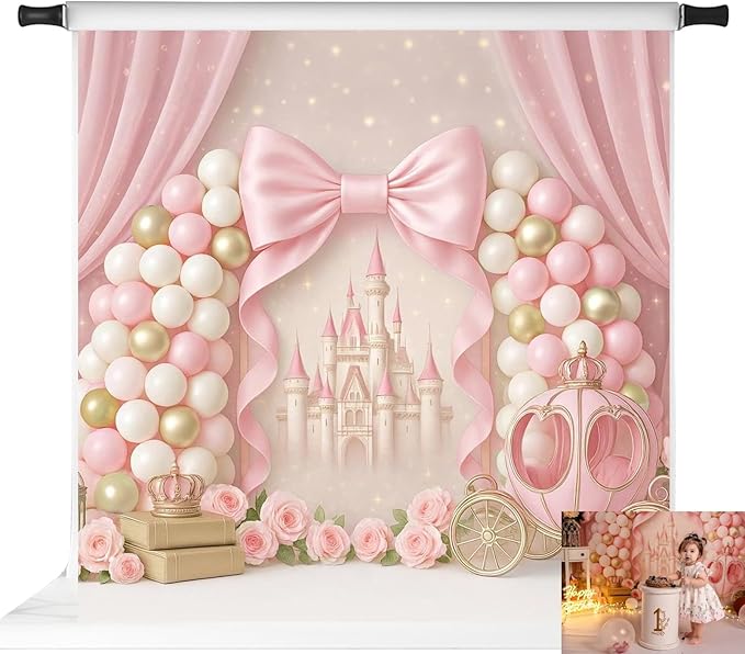 Kate Pink Castle Bow Backdrop for Kids Birthday Party Balloons Princess Carriage Home Decoration Cake Smash Background Photo Booth Props 10x10ft