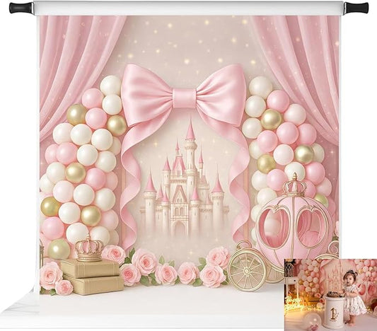Kate Pink Castle Bow Backdrop for Kids Birthday Party Balloons Princess Carriage Home Decoration Cake Smash Background Photo Booth Props 8x8ft