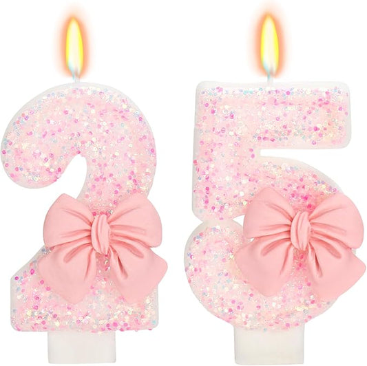25th Birthday Number Cake Candles, Pink Bow, Modern Style, 3" Tall, Smokeless Wax, Non-Toxic, Perfect for Birthdays