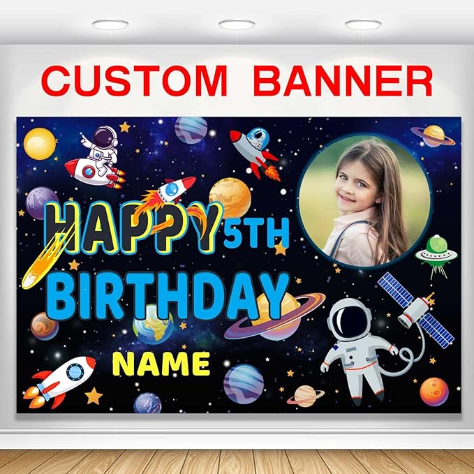Personalized Outer Space Galaxy Astronaut Birthday Banner(4x6ft)