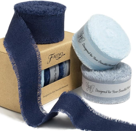 Dark Blue Cotton Ribbon 1 Inch Navy Blue, Dusty Blue & Baby Blue 3 Rolls 21 Yards Frayed Edge Fabric Set for Formal Wedding Decor, Graduation Party, Father's Day, Gift Wrapping & DIY Crafts