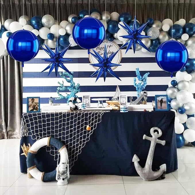 TONIFUL 8Pcs 22Inch Navy Blue Large 4D Giant Round and Star Balloons Explosion Star Mylar Balloons Set for Backdrop Christmas New Year Birthday Wedding Bridal Shower Anniversary Photo Booth Supplies
