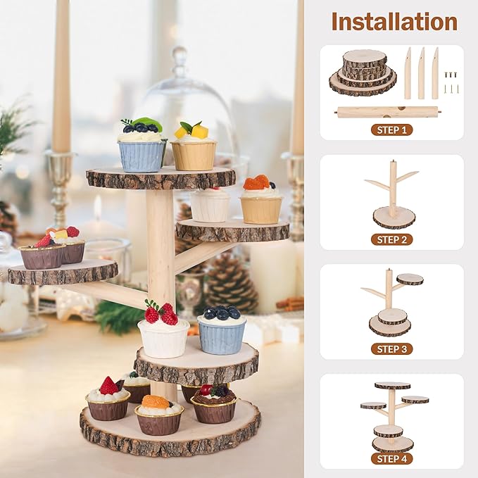 GENMOUS Wooden Farmhouse Style Cake Stand, 5-Tired Wedding Cake Stand Wood & Display Serving Tray Platter, for Appetizers Desserts Charcuterie Board