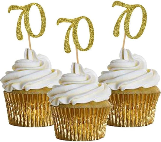 Cupcake Toppers 70th Birthday, Golden Glitter Number 70, Cake Picks for Birthday Celebrating, Anniversary Party Decor (24PCS)
