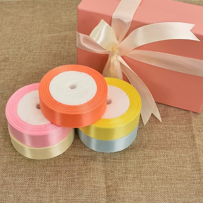 TONIFUL 1 Inch x 125 Yards 5 Colors Satin Ribbon Rolls, Light Rainbow Candy Macaron Color Fabric Ribbon for Gift Wrapping Embellish Wedding Birthday Party Decoration Bow Making Floral Craft Sewing