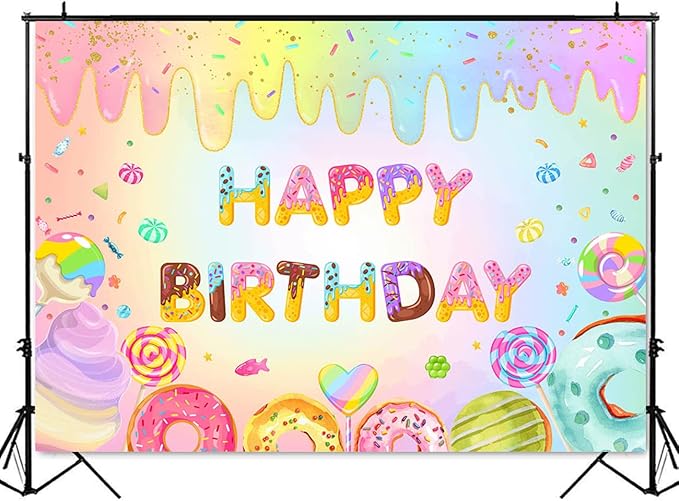 Mocsicka Donut Happy Birthday Backdrop for Girls Sweet Candy Birthday Party Decorations Background Cake Table Banner Donut Ice Cream Birthday Photography Background (7x5ft (82x60 inch))