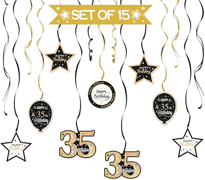 Happy 35th Birthday Black & Gold Glitter Swirls Streamers Party Decorations - 15 Pcs 35th Birthday Hanging Swirls Streamers Kit,Perfect for 35th Bday Party Sign.