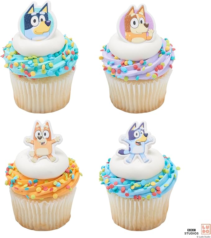 DecoPac Bluey So Much Fun Rings, Cupcake Decorations Featuring Bluey, Bingo, Bandit, and Chilli, 3D Food Safe Cake Toppers –1.4 x 1.75 inches (Pack of 48)