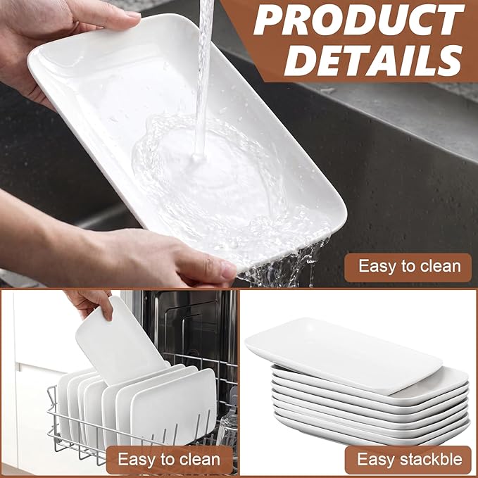 Irenare 8 Pcs 9 Inch Rectangular Salad Plates White Rectangular Porcelain Dessert Plates Appetizer Serving Tray Porcelain Platters for Fruit Sushi Dinner Parties, Microwave, Oven Safe