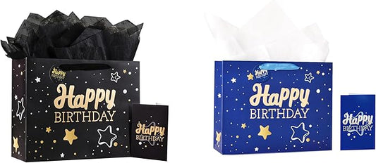 13" Black + Blue Happy Birthday Gift Bag with Tissue Paper and Greeting Card for Party,Happy Birthday Gift Bag for Men Women, Gift Bags Medium size(2 PCS Black & Blue)