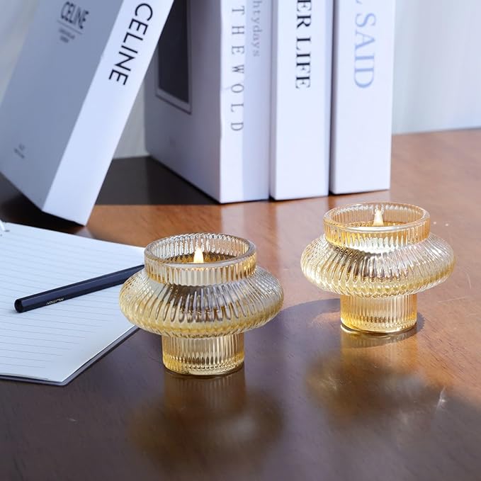 VOHO 12pcs Champagne Gold Candlestick Holders for Fall Table Centerpieces, Gold Candle Holders for Tealight Taper Candles, Vintage Ribbed Taper Candle Holders for Thanksgiving Christmas Holiday Decor