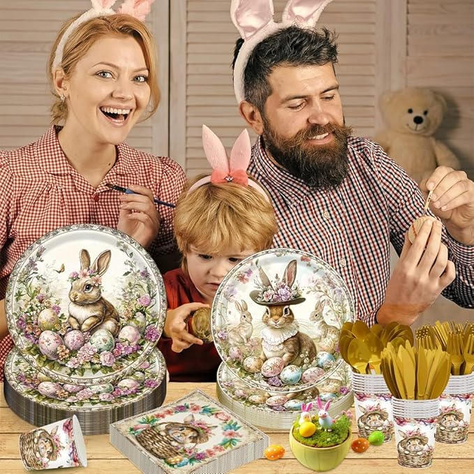 140Pcs Vintage Easter Party Rabbits Plates and Napkins Easter Day Party Supplies Gorgeous Palace-Style Bunny Eggs Paper Plates Birthday Party Decorations Rabbits Party Plates, Serves 20 Guests