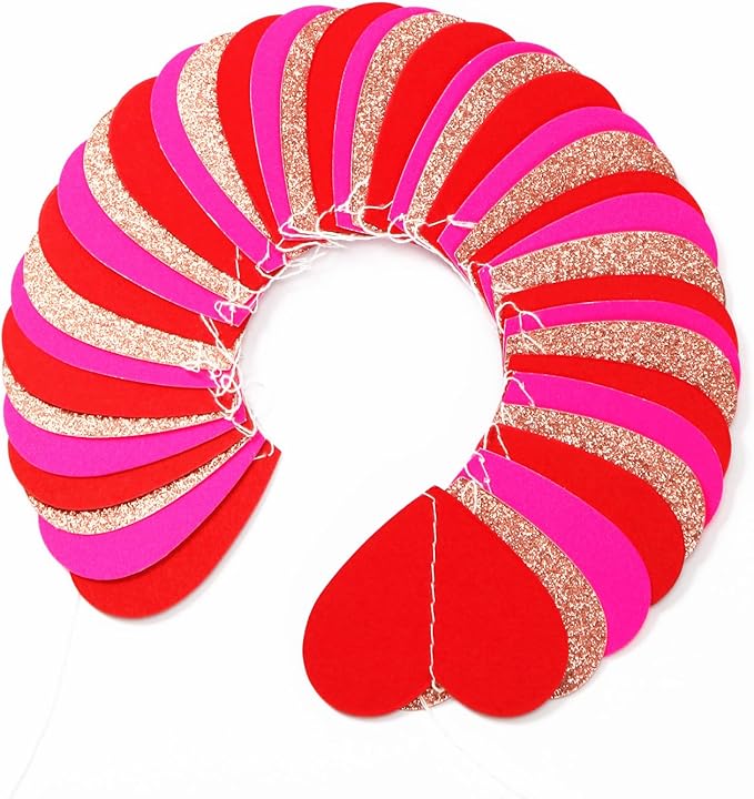 Rose-Gold Red Valentines Party-Decorations Heart-Garland - 52ft Galentines Glitter Streamers Banner,Women Romantic Special Night Wedding Bachelorette Bridal Shower Birthday Backdrop Decor Burgleda