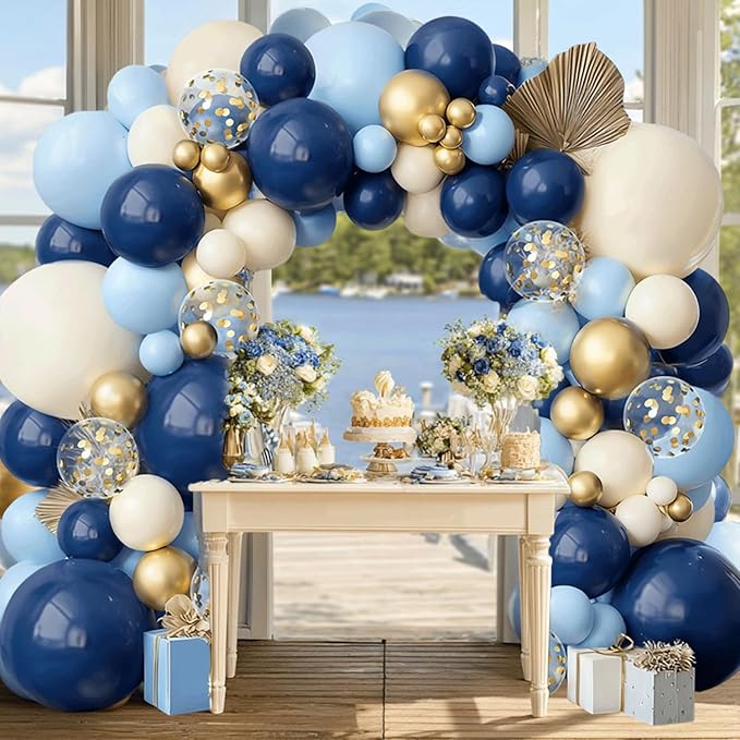 Navy Blue Gold Balloon Arch Kit,Dark Light Pastel Blue Sand White Beige Chrome Gold with Confetti Balloons Garland for Birthday Graduation Wedding Bridal Shower Party Decorations