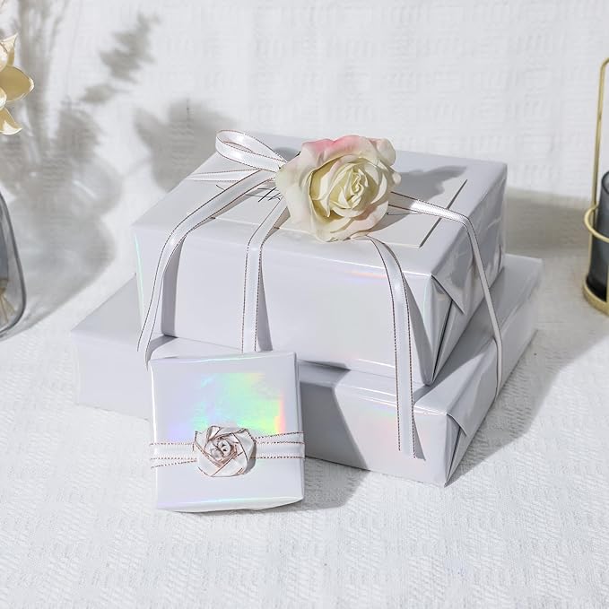 NESCCI White Metallic Wrapping Paper, Solid Color Paper,Gift Wrapping Paper,Perfect for Wedding,Valentine's Day,Birthday, Christmas,Baby Shower,DIY Bouquet (17 Inches X 32.8 Feet)