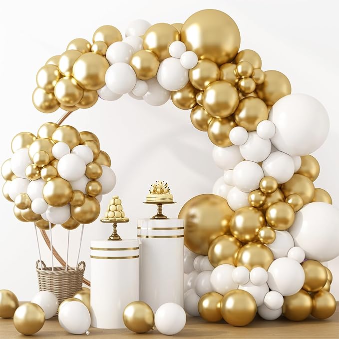 RUBFAC White and Gold Balloons 129pcs Different Sizes Pack of 18 12 10 5 Inch, Latex Balloon Garland Arch Kit for Birthday Party Wedding Holiday Baby Shower Decoration