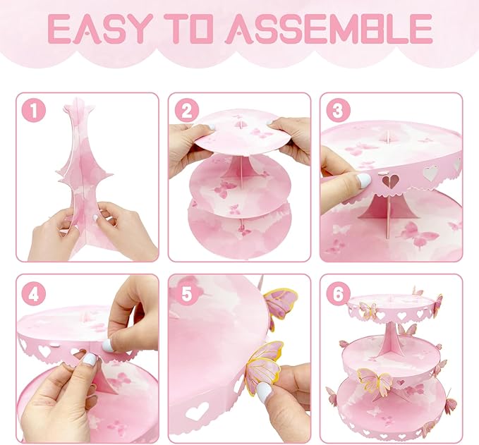 DIY 3 Tier Butterfly Cupcake Stand Pink Butterfly Decorations Princess Cupcake Stand Dessert Tower for Wedding Birthday Party Supplies