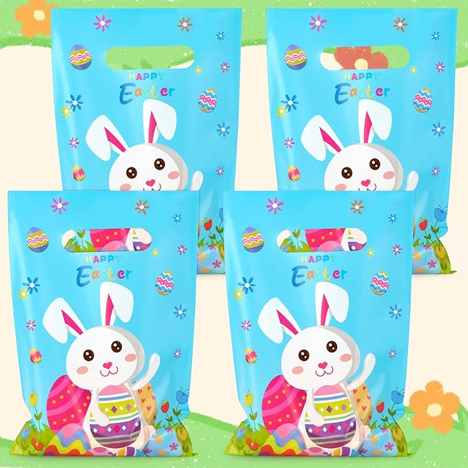 Hxezoc 50 Pieces Happy Easter Gift Bags with Handles Plastic Cute Bunny Goodie Bags Practical Gift Bags Spring Party Favors for Easter Day Egg Hunt Party Birthday Party Decoration Supplies
