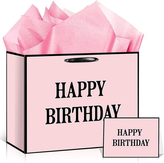 Yomaiha Pink Happy Birthday Gift Bag for Women Girls, Birthday Wrapping Paper Bag with Tissue and Card Pink Black Birth day Party Favors Supplies Decorations 11.8x9.4x5.3 inches