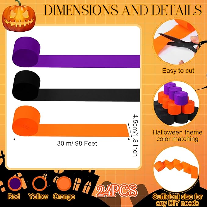 Sherr 24 Rolls Crepe Paper Streamers Hanging Party Decoration Holiday Streamers for Arty Decorations, Birthday Decorations, Wedding Decorations (Purple, Orange, Black,1.8 Inch x 98 Feet)