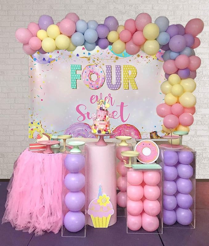 Mocsicka 4th Donut Birthday Backdrop Four Ever Sweet Donut Birthday Party Decoration Background Toddler Girl 4th Birthday Party Banner Supplies (8x6ft(96x72 inch))