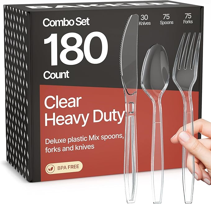 Bakken Disposable Cutlery Set 180 Pieces of Forks, Knives & Spoons, Heavy Duty Plastic Silverware, BPA-Free Food-Grade Materials, Heat-Resistant, Reusable Utensils for Parties and Everyday Use, Clear